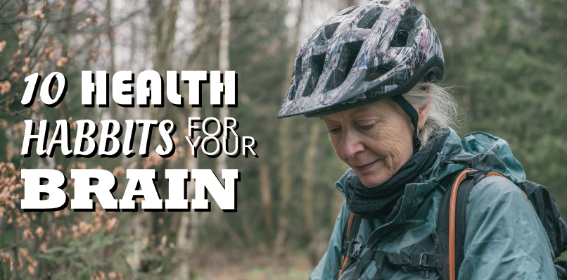 A woman preparing for a bicycle ride on a wood trailing while wearing a protective bike helmet with the title "10 Health Habits for your Brain."
