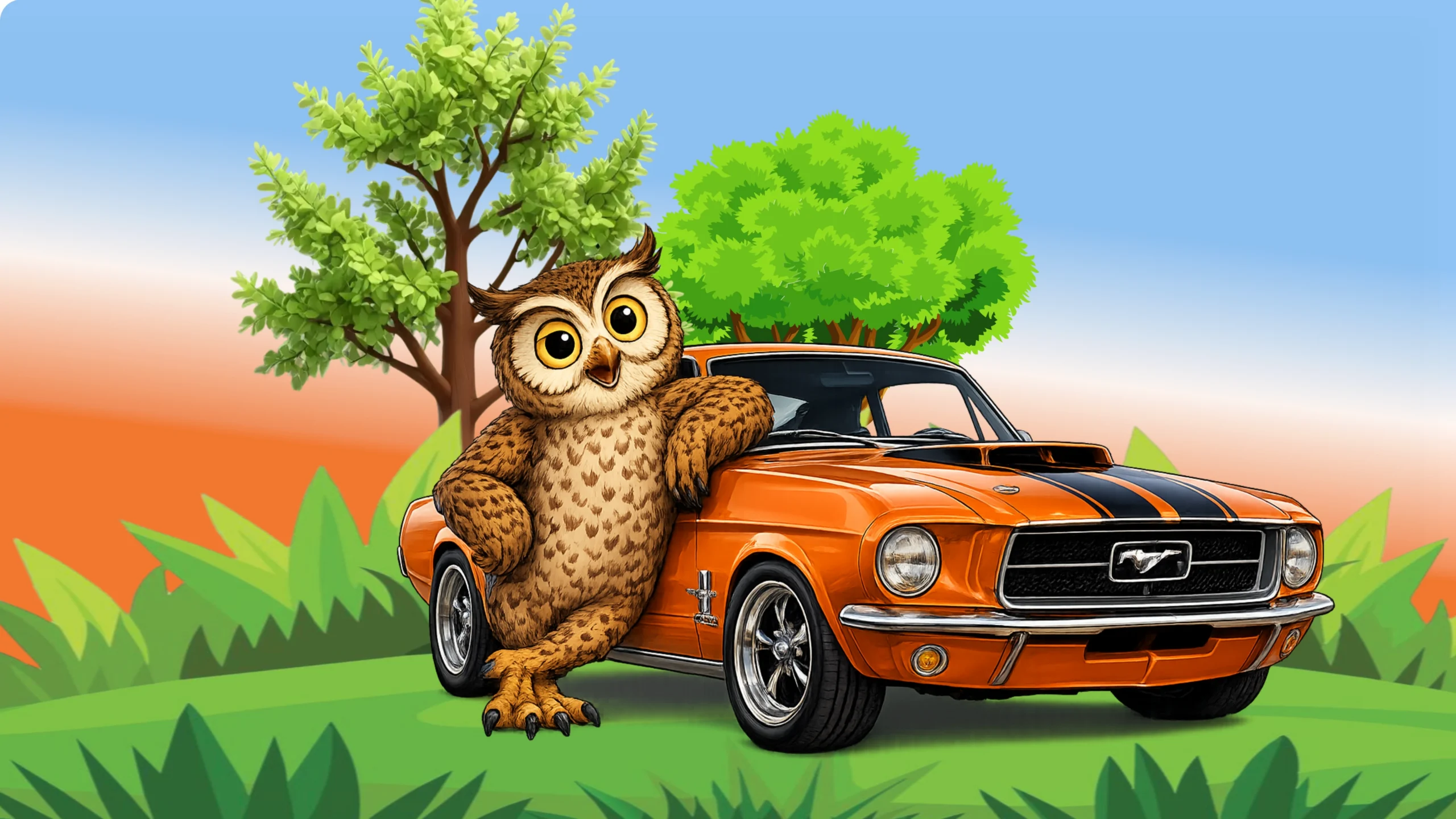 A cartoon image of an owl leaning up against and showing off a classic hotrod mustang as part of a car show.