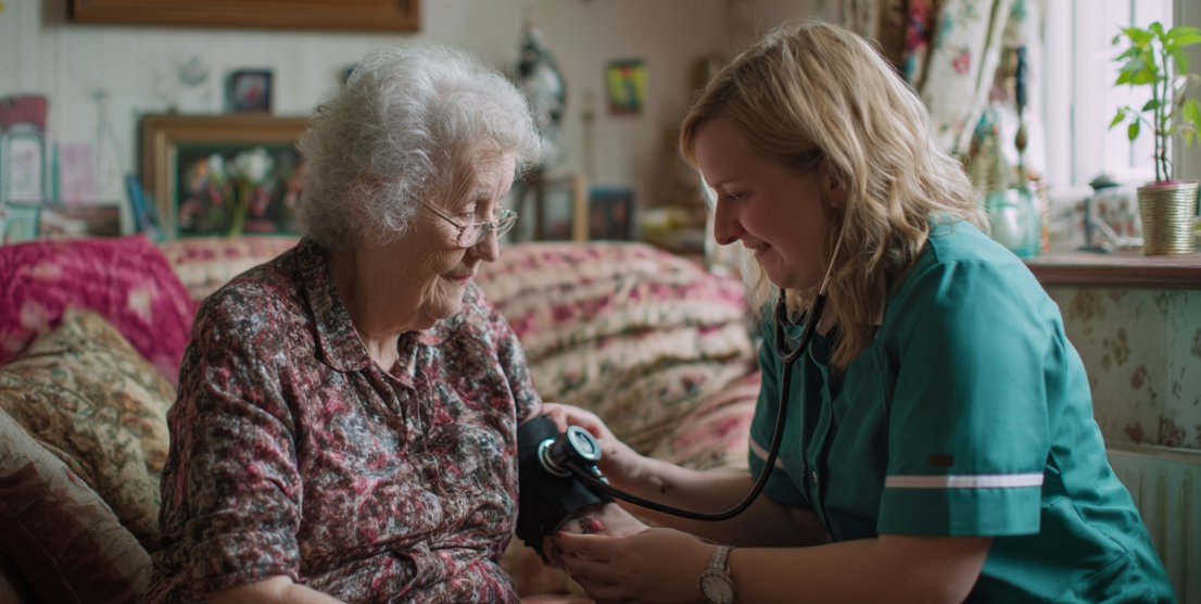 An elderly woman sitting on a sofa in her living room, while a visiting nurse technician takes her blood pressure reading from a blood pressure cuff.