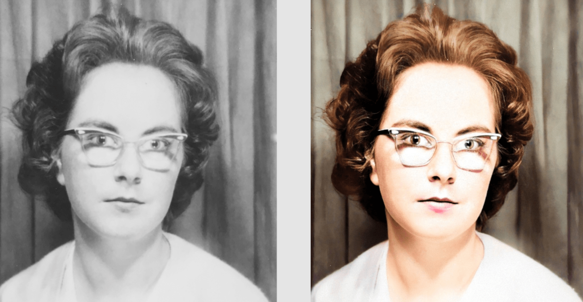 A side-by-side pair of images, one older and original, and one enhanced using A.I. to add color, sharpness, and interest.