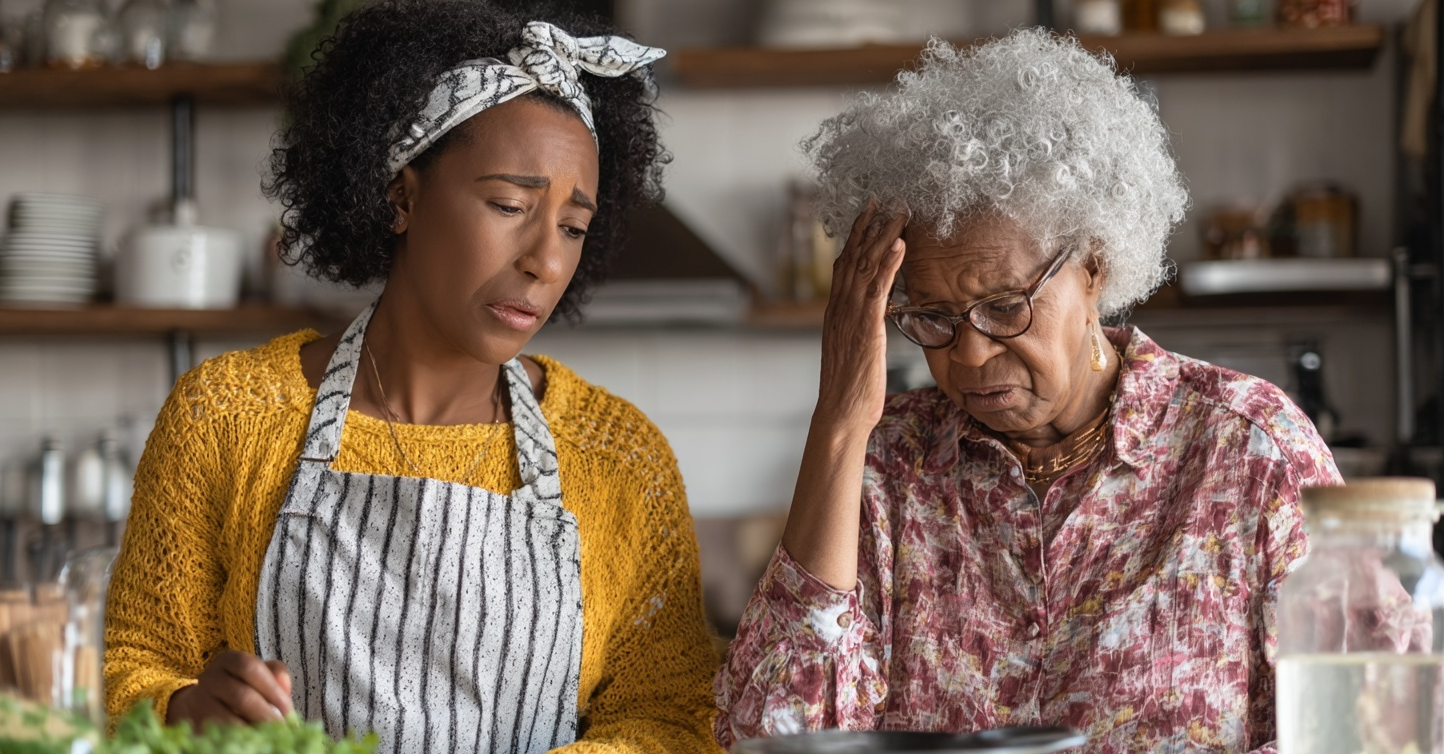 A photo of a daughter helping her elderly mother in the kitchen who appears confused and distraught.
