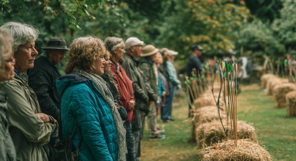 A group of members standing behind bails of hay with archery equipment, waiting for instruction.