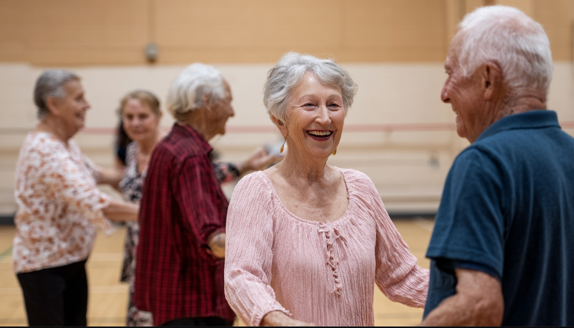 A photo of several people in a classroom setting taking ballroom dancing lessons from an instructor.