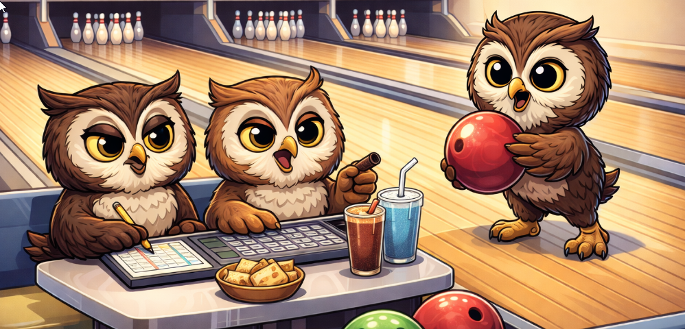 A group of cartoon owls at a bowling alley, laughing, keeping score, and bowling.