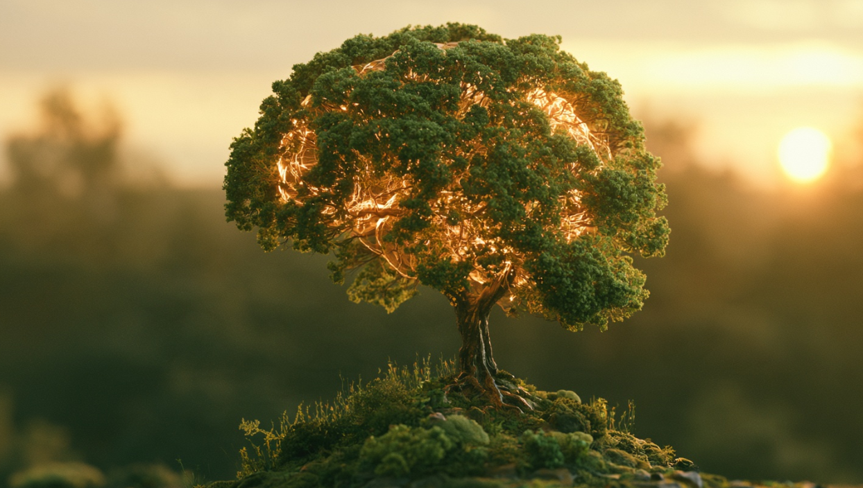 A photographic image depicting brain health using imagery of a tree shaped as a flourishing human brain.