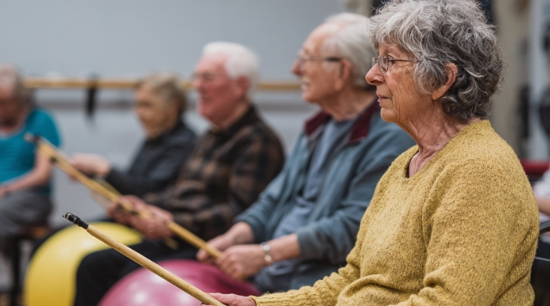 A group of members sitting in chairs in a gymnasium beating on exercise balance balls with drumsticks to the sound of music.