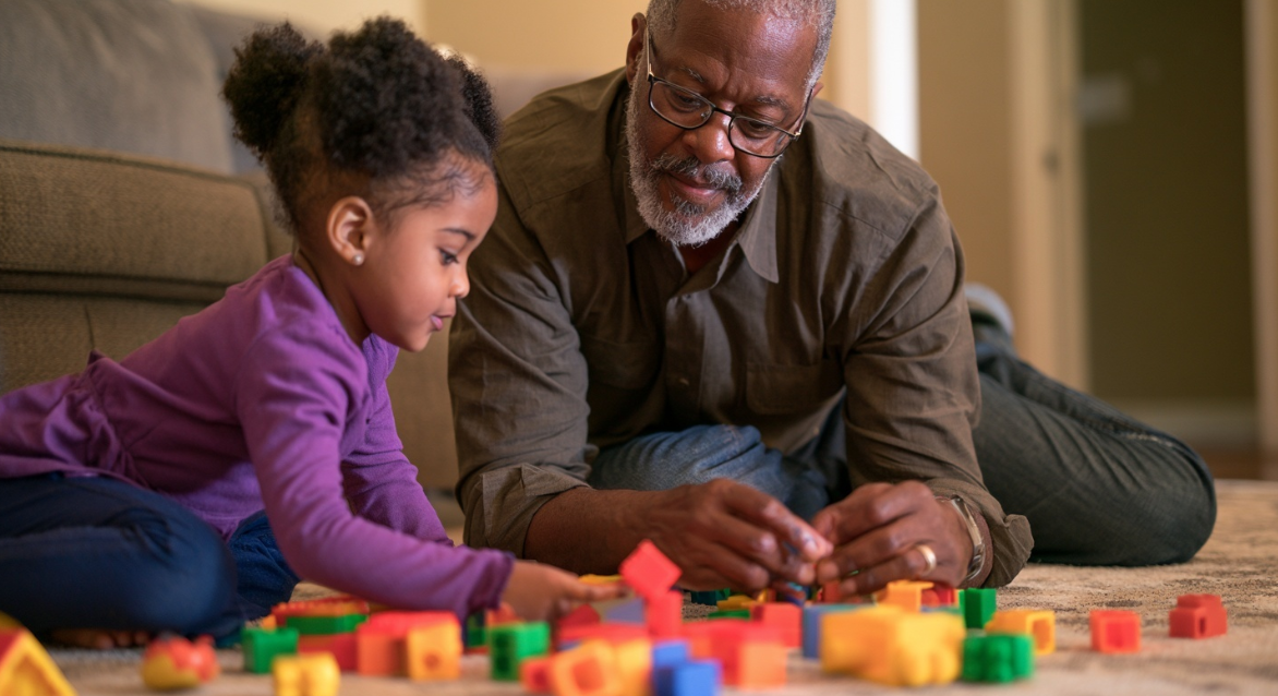 A photograph of a grandfather and granddaughter playing with toy blocks on a living room floor.