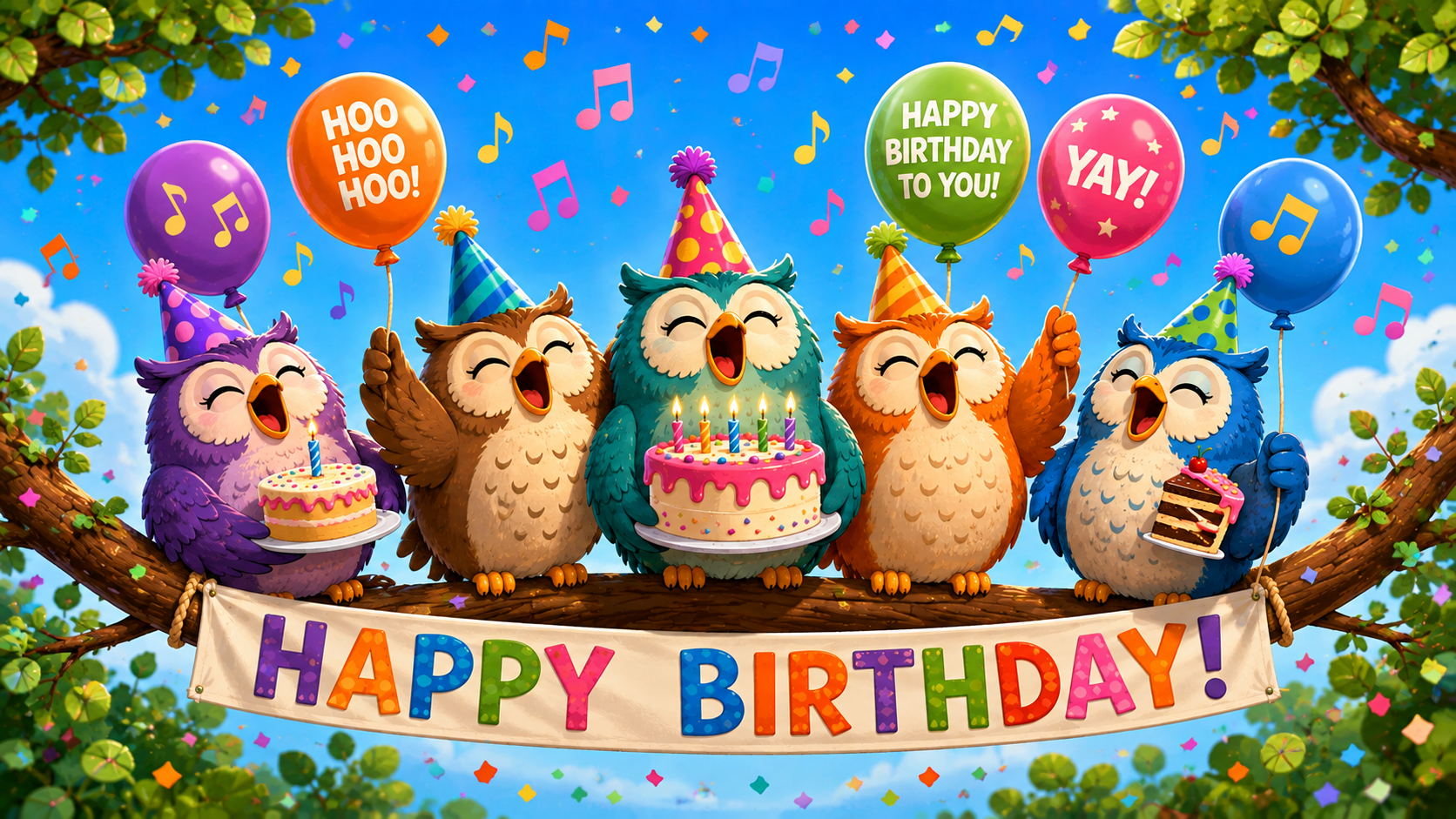 A group of cartoon owls holding cake and balloons perched above a banner reading "Happy Birthday".