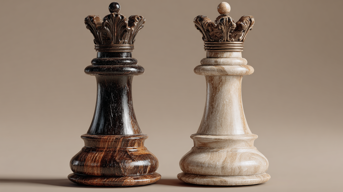 An image of two queen chess pieces of apposing light and dark colors standing side by side.