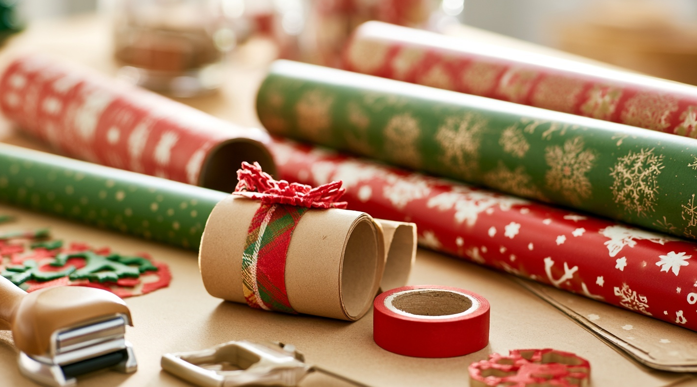 A crafting table full of gift wrap paper crafting materials, tapes, ribbons, and gift wrapping paper covered in holiday themes.
