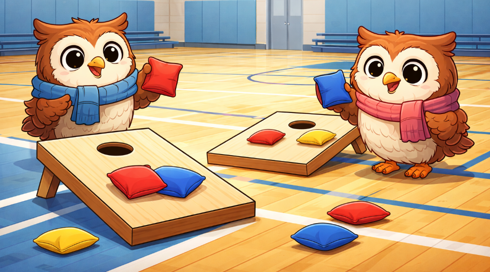 Two cartoon owls playing a friendly game of cornhole in a gymnasium setting.