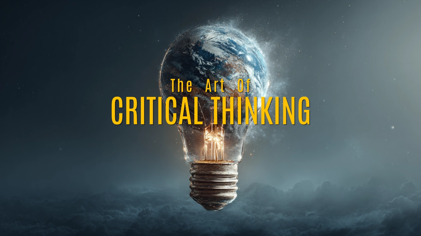 A graphic depiction of the Earth in the shape of a light bulb with the title "The Art of Critical Thinking."