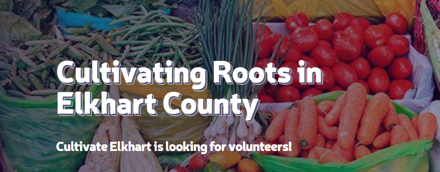 An image of multiple bags of food donations and a title "Cultivating Roots in Elkhart County, Cultivate Elkhart is looking for volunteers!"