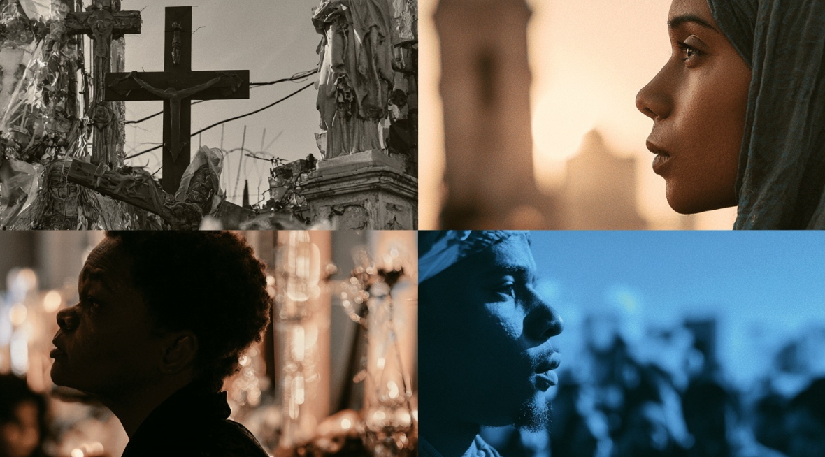 A mosaic of photographs from different cultures depicting grief and loss. Included are images of Christian symbols, cemeteries from different cultures, and grieving people wearing Asian and middle eastern headware.