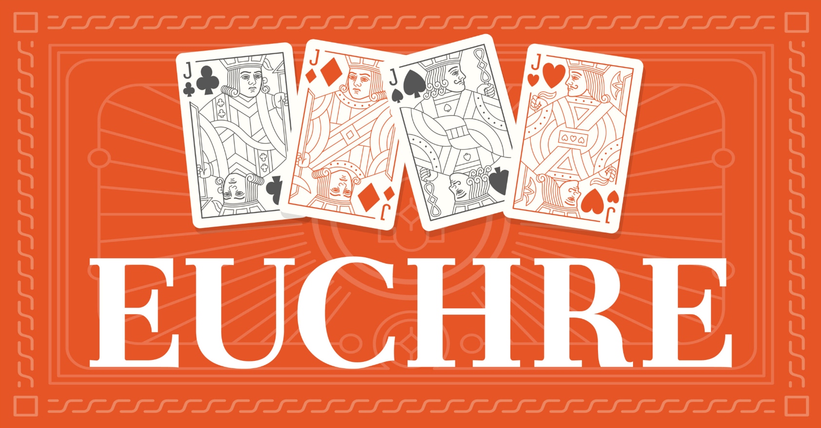 An image with the title Euchre beneath 4 jacks, one of each suit representing bowers.