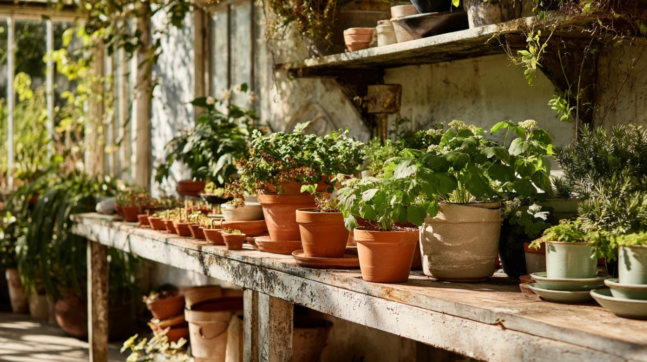 A collection of potted starter plants sitting on a bench with warm light cascading over them.