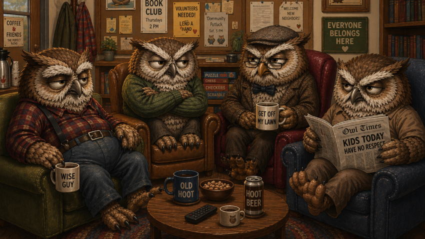 A group of cartoon owls appearing as old grumpy men sitting around with newspapers and coffee cups with smug looks on their faces.