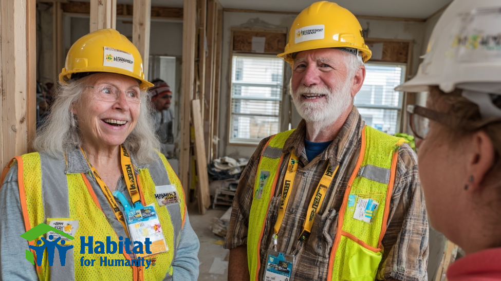 A couple of members in hard hats and safety vests receiving instruction from a job-site supervisor in a new home construction setting with a Habitat for Humanity logo in the corner.
