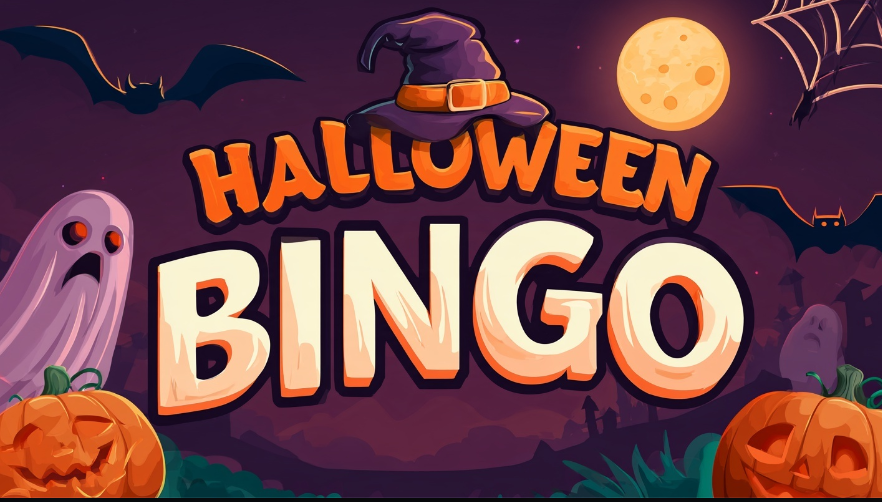 A festive graphic with the title Halloween Bingo, surrounded by halloween themed imagery of ghosts, pumpkins, bats and cobwebs.