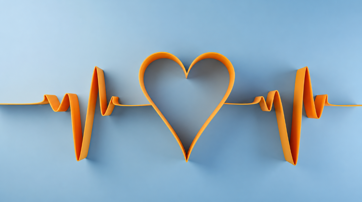 A three dimensional graphic of a ribbon forming the shape of heart monitor pulses, with a standard heart shape in the center.