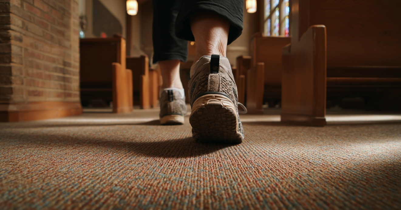 The backside of a member's feet wearing comfortable walking shoes following a walk inside a church setting which hosts OWLS Club.