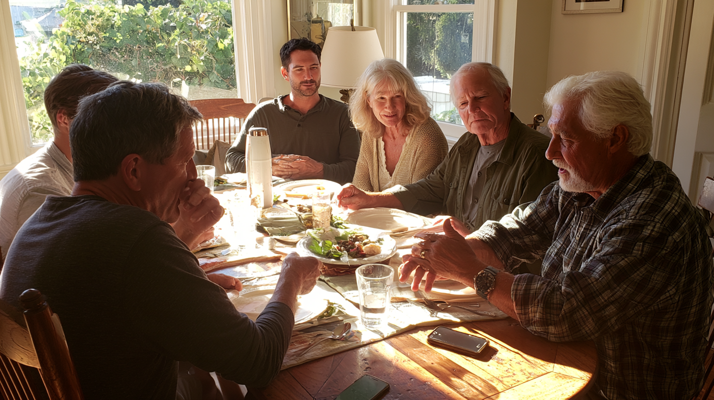 A photo of a family, elderly parents and adult children, sitting at a dining room table in full conversation about aging and final planning.
