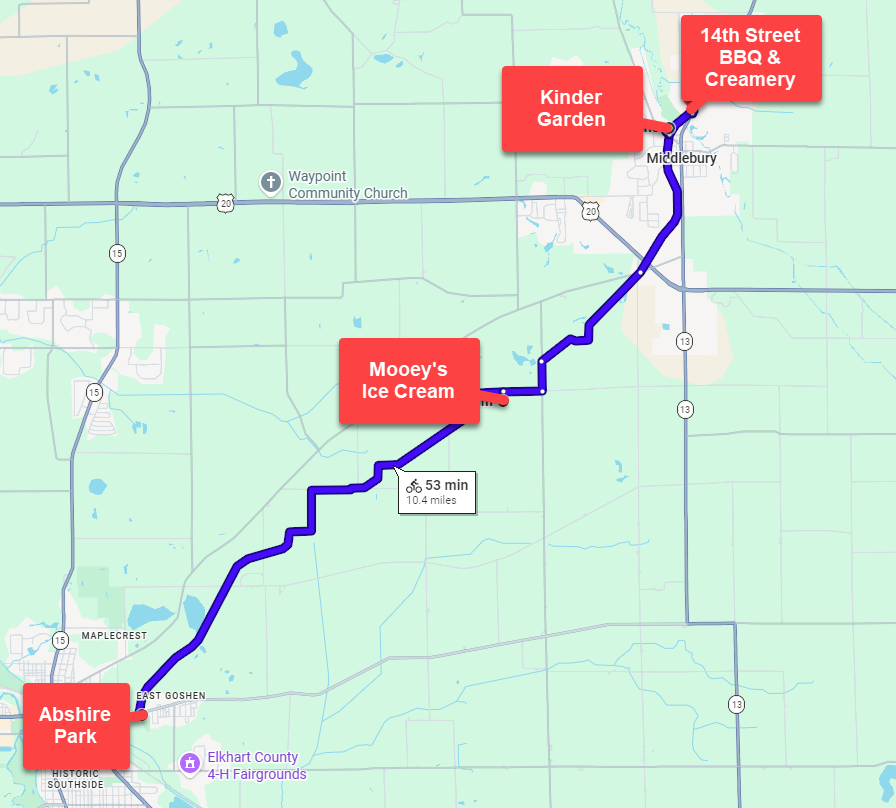 A map depicting the starting point, special stops, and ending point for a 10 mile stretch of a bike riding trail.