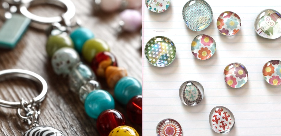 An image of handmade keychains sitting on a table as a key loop with a string of color glass beads of odd shapes and sizes in a totem fashion. Along side another photo of flat polished glass with magnified images inside depicting refrigerator magnets.