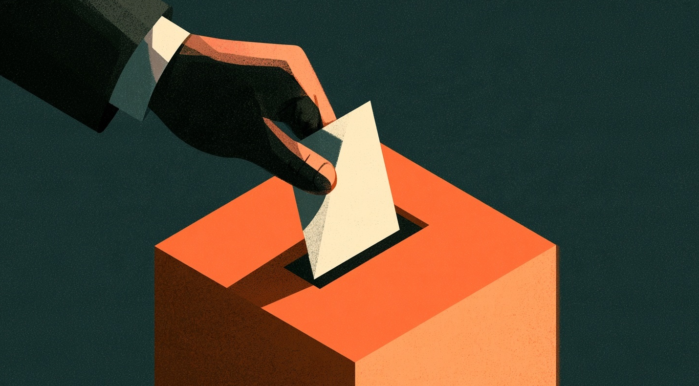 A graphic of a hand slipping a voting slip into a tally box.
