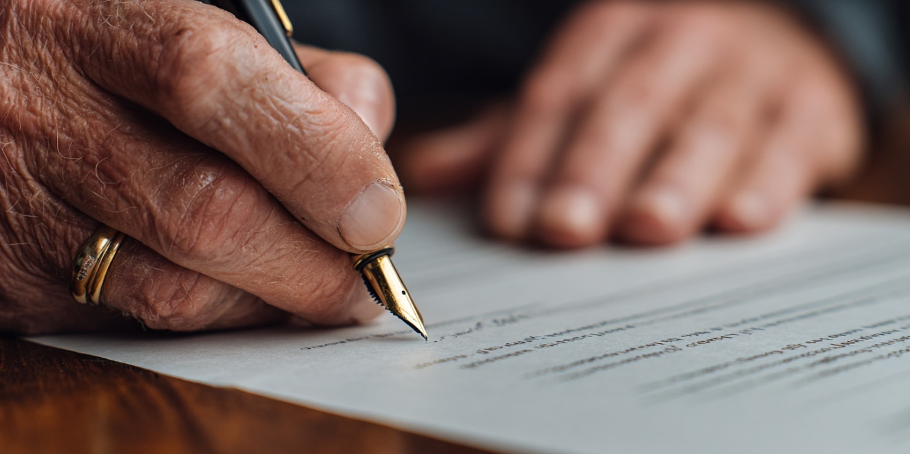 An up-close image of a person's hands signing a legal document.