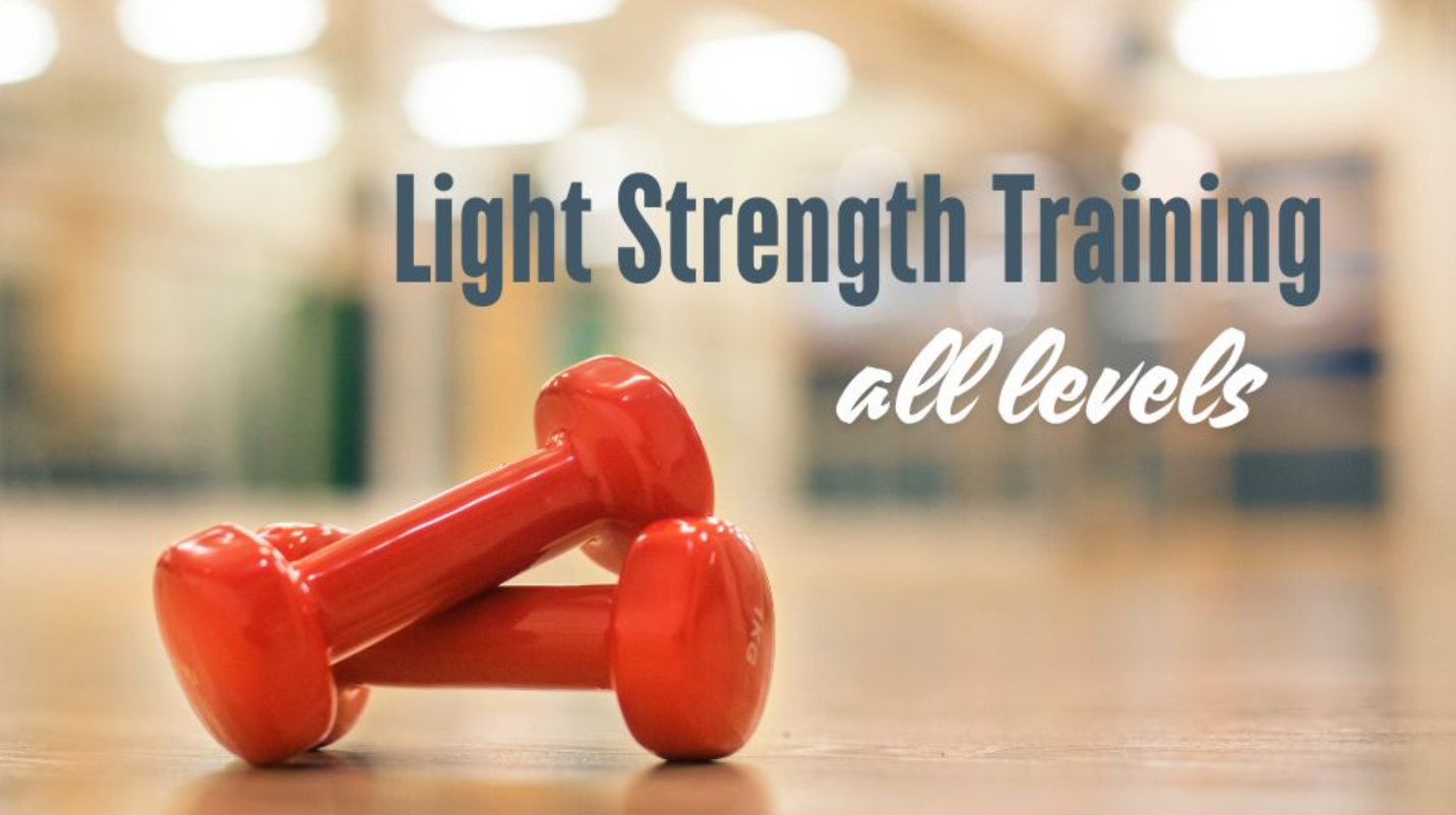 Two small hand-weights resting on the floor with the title "Light Strength Training - All Levels."