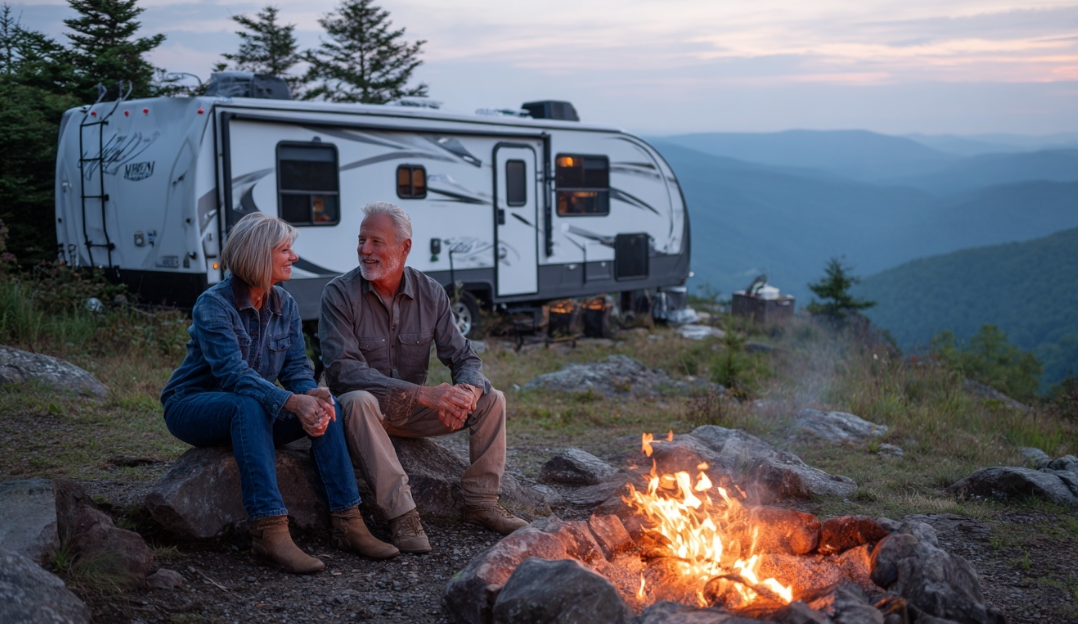 Two people sitting near a campfire in the evening hours with an R.V. camper parked behind them; overlooking a vista in a mountain setting.
