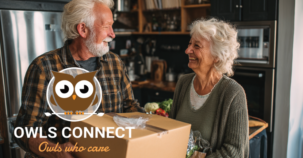 A person delivering a box of goods to a friendly neighbor who needs a bit of assistance. With an OWLS Connect Logo