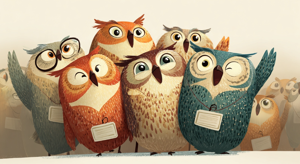A group of cartoon owls wearing name badges and standing together in celebration and welcome.