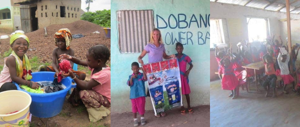 A collage of images of students and children living their daily lives in the Gambia of West Africa. A central image shows OWLS Club executive director, Maggie O with two students.