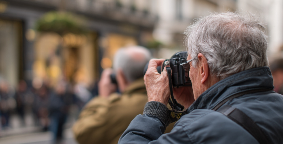 A photograph of amateur photographers taking photos around the city as part of a group of members in a photography club. Two photographers stand in the street taking photos of buildings blurred into the backgorund.