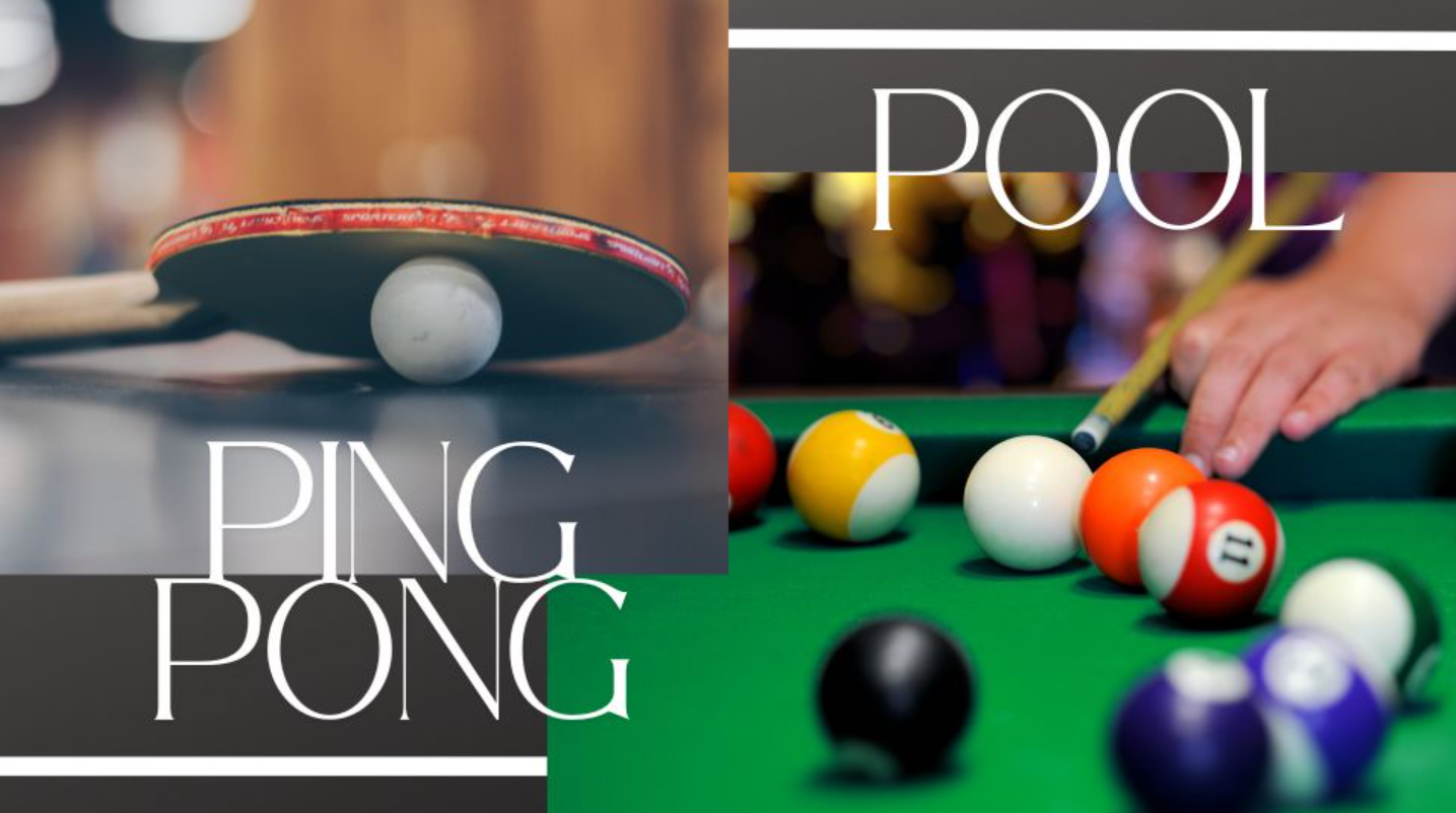 Side-by-side images of a billiard table and ping-pong ball and paddles.