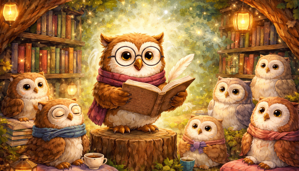 A group of cartoon owls listening and sitting around another cartoon owl who is reciting poetry in a magical fantasy-like setting.
