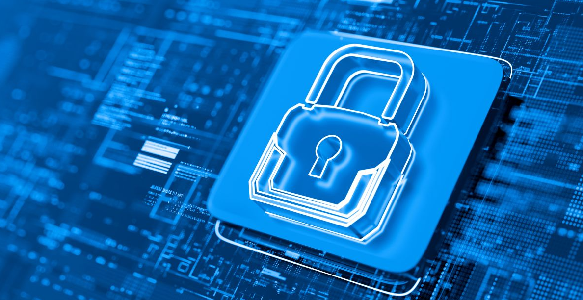 A digitized graphic depicting a lock over a series of layered digital-surfaces and data graphics.