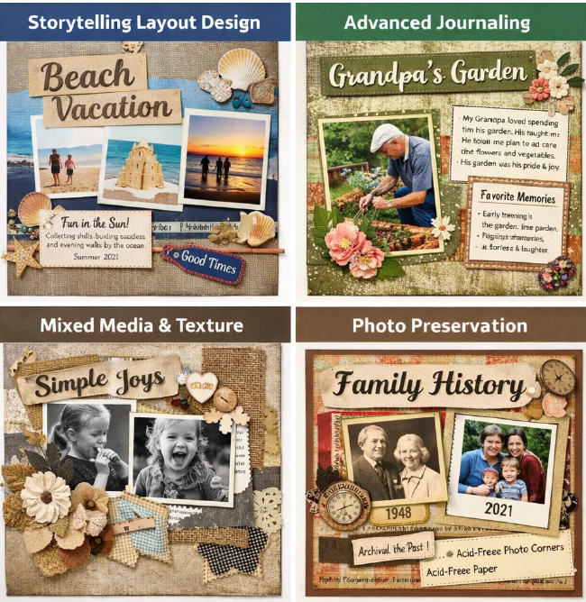 A collection of scrapbook pages with headings about "Storytelling, Journaling, Media, and Photo Preservation" with a variety of scrapbook style collages of clippings and photographs.