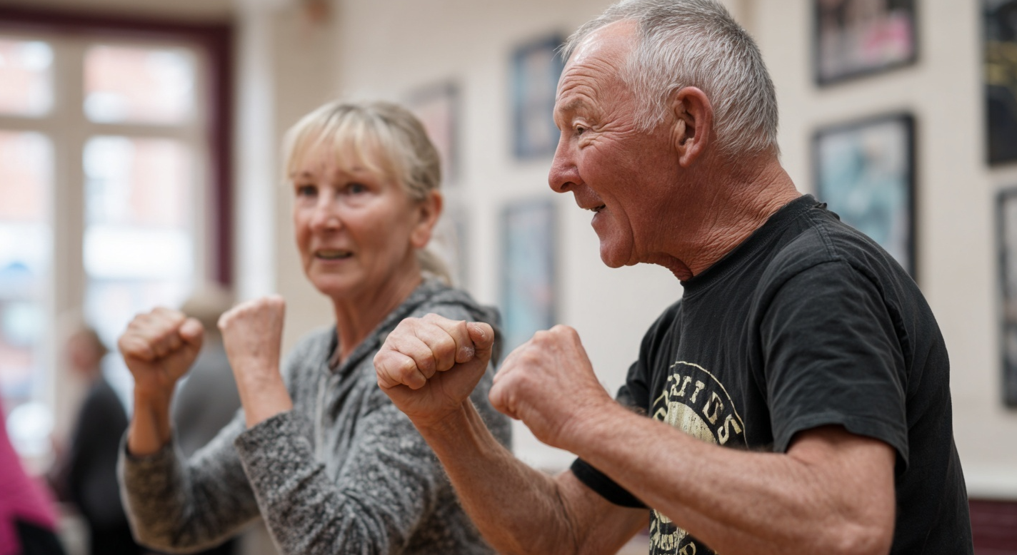 Two people trying out punching fist techniques while taking a class in senior self defense and public safety.