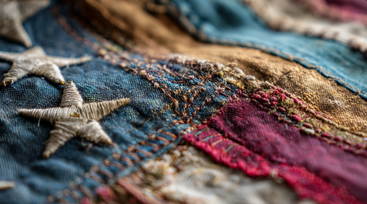 A close-up image of an American flag sewn together with mixed styles of textured fabrics in a shabby hand-made style decor.