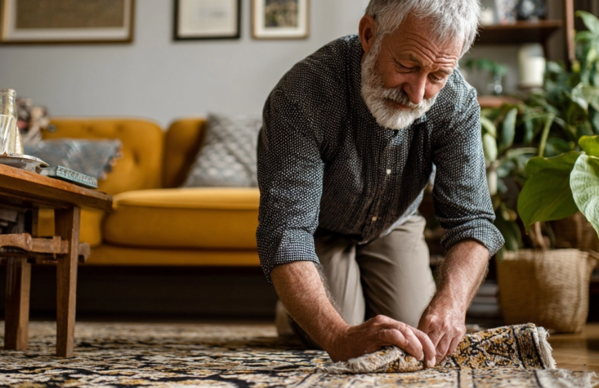 A person in their older years down on their knees while adjusting a rug that had been synched as to not trip.