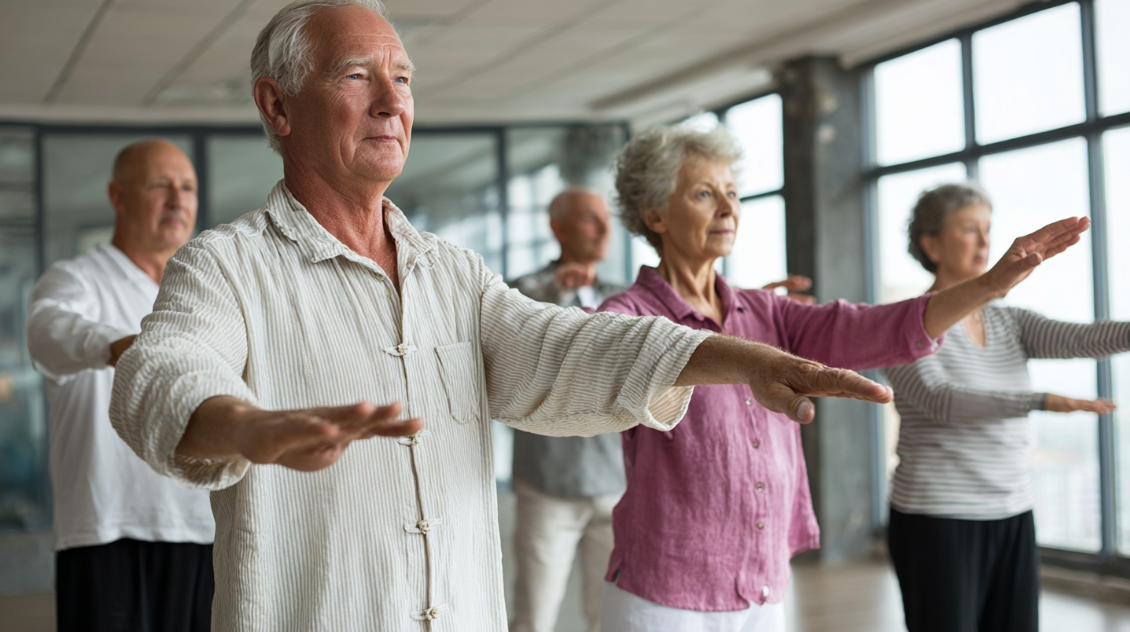 A group of members in a well-lit setting taking instruction on basic Tai Chi movements.