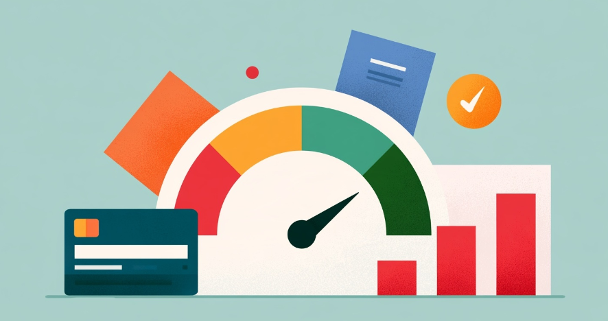 An image depicting documents and a needle-graph showing good-to-poor credit monitoring.