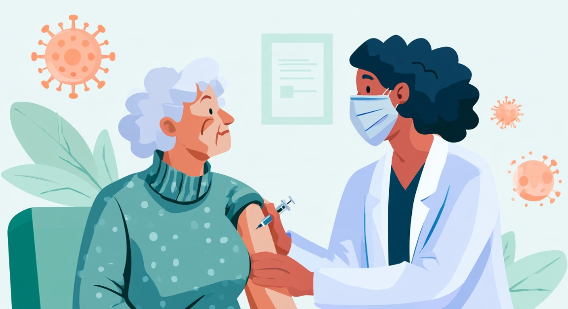 An illustration of a practitioner providing a vaccination for an elderly patient.