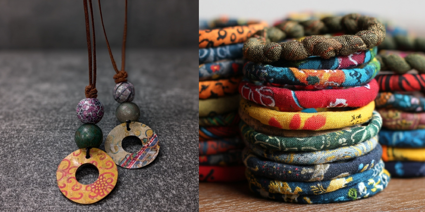 Two images, one depicting a handmade necklace made from ornate beads, a necklace cord, and a hardware washer pressed and sealed with printer patterns over the metal. The other image of bandana fabrics spun and shaped into stylish bracelets.